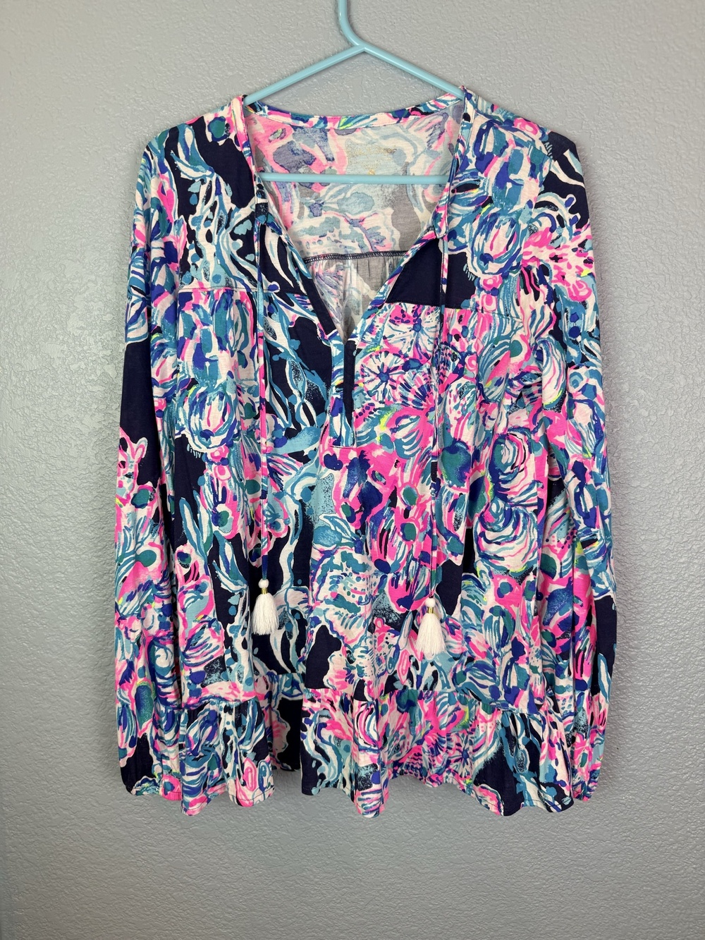 Lilly Pulitzer Blouse Womens Small Multicolor Floral Tassel Tunic Boho Top